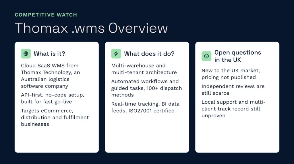 Thomax wms overview | clarus wms An infographic providing a competitive overview of thomax. Wms, detailing its cloud saas features, multi-warehouse capabilities, and unproven status in the uk market. This competitor analysis helps clarus wms users compare alternative warehouse management systems and make informed software decisions.